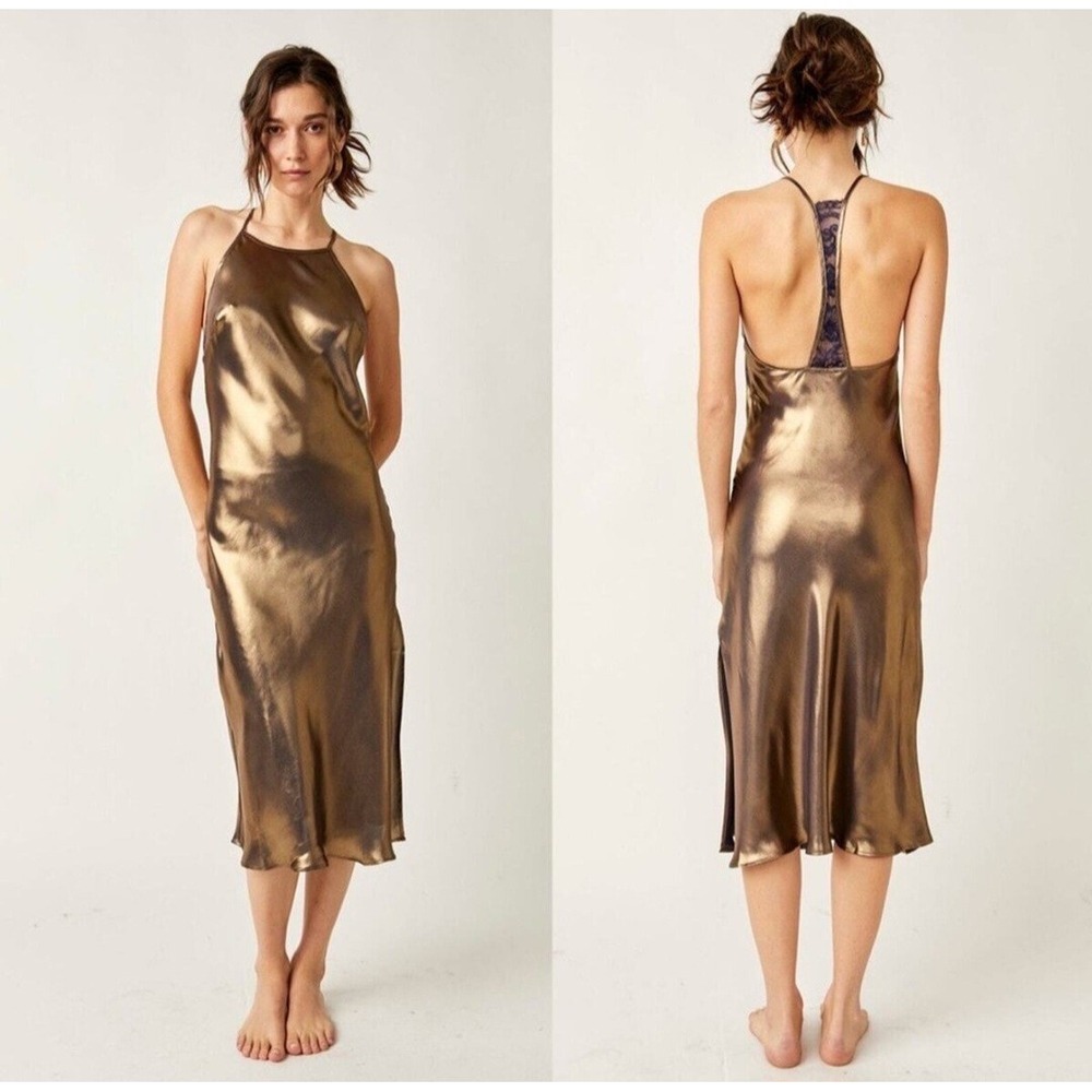 Free‎ People Gold Dust Midi Slip Dress Metallic Bronze Lace Back Halter XS NWT